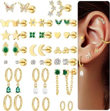 20 Pairs 40Pcs Gold Flat Back Earrings Hypoallergenic Cartilage Earring for Wome