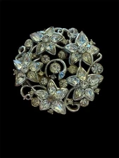 Vtg 2” Clear Rhinestone Round Floral Sparkling Brooch MCM 1950’s