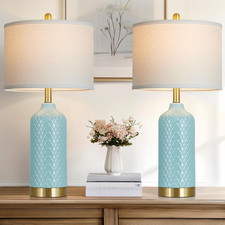 Set of 2 Blue Ceramic Table Lamps - Coastal Modern Nightstand Decor