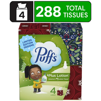 Puffs Plus Lotion Facial Tissue, 4 Mega Cube Boxes, 72 Tissues Per Box