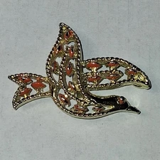 Vintage Gerry's Gold Tone Love Bird Dove Orange Enamel Accent Brooch Pendant