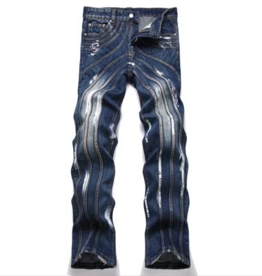 Men's Blue Denim Jeans Straight Leg Casual Pants Mixed Punk Hip Hop Trousers New