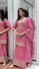 Stylish Look Chinnon Silk Pink Kurta Palazzo With Dupatta For Indian Reception