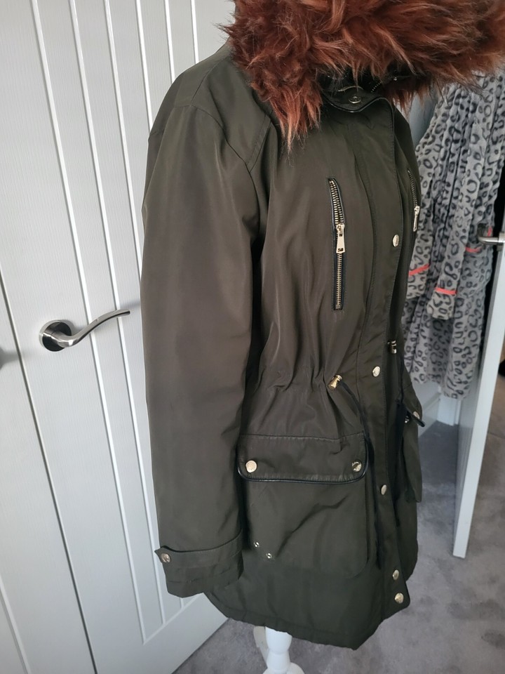 Ladies Falmer Green winter Coat parka Size 12 Faux Fur Trim Hood Gold