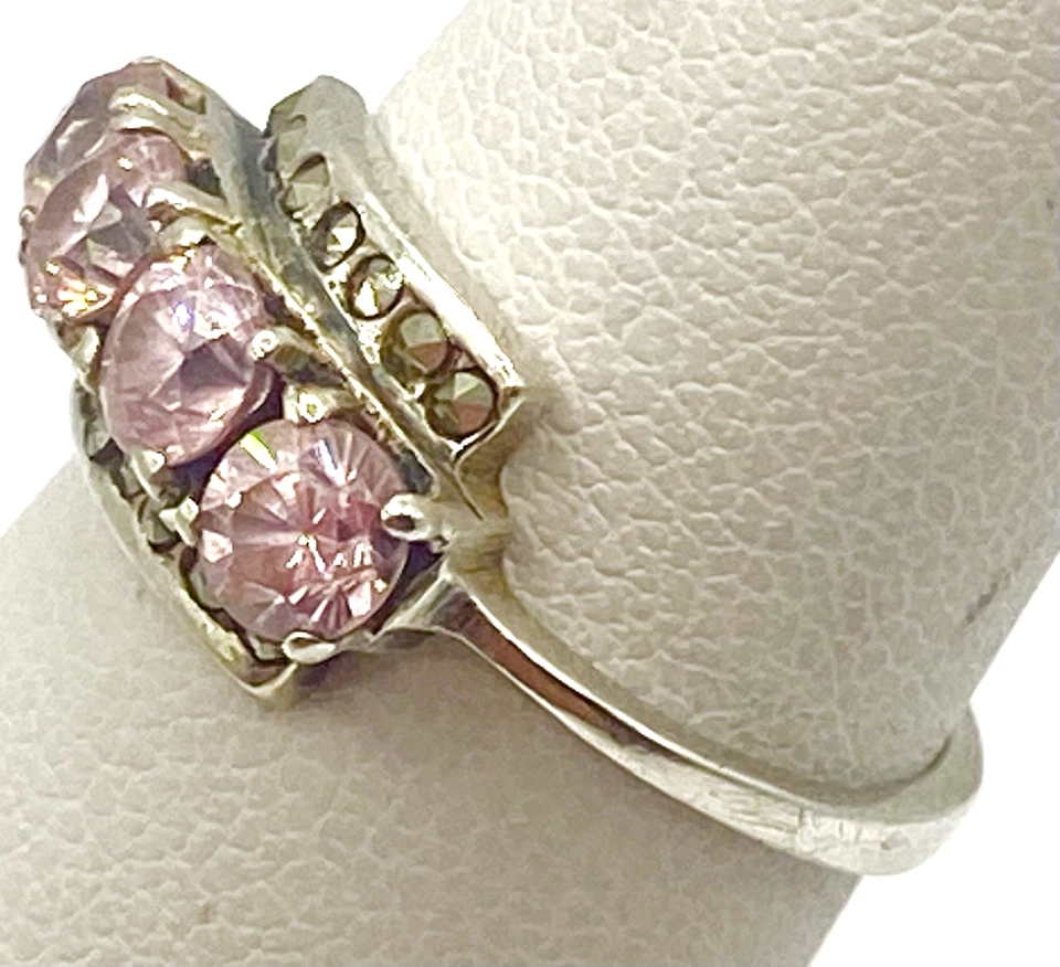 Anillo de cóctel de plata de ley/piedras rosas 925 y marcasita talla 5,5 Foto 3 de 4