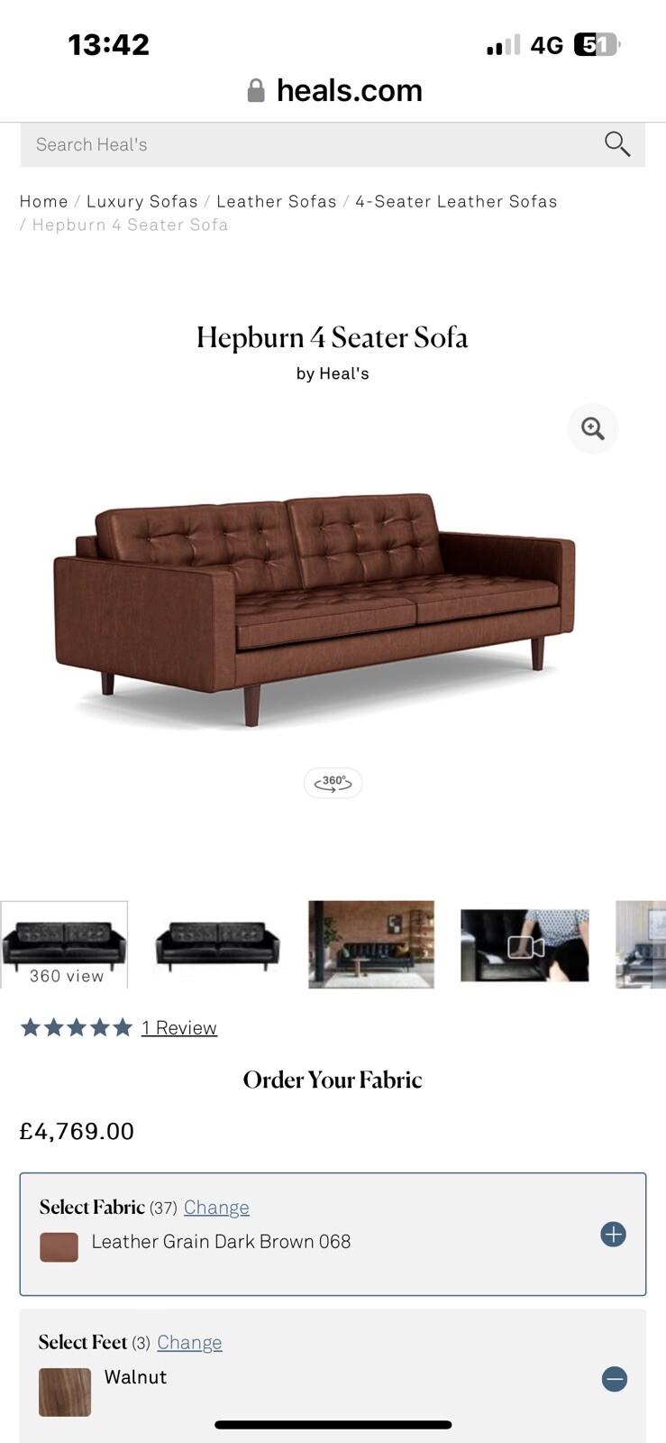 4 Seater Heals Hepburn Leather Sofa eBay