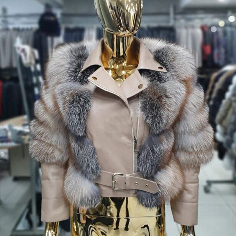 Real Gold Island Fox Fur Jackets Genuine Sheep Leather Fashion Locomotive  Coat