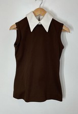 VTG 70s School Girl Top Brown Dagger Collar Polyester Knit Sleevless