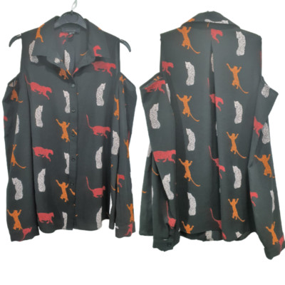 Atmosphere Black Tigar Print Off the Shoulder Button Down Collared Shirt Size 10