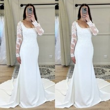 Long Sleeves Wedding Dress Mermaid Satin Elegant Sweep Train Simple Bridal Gown