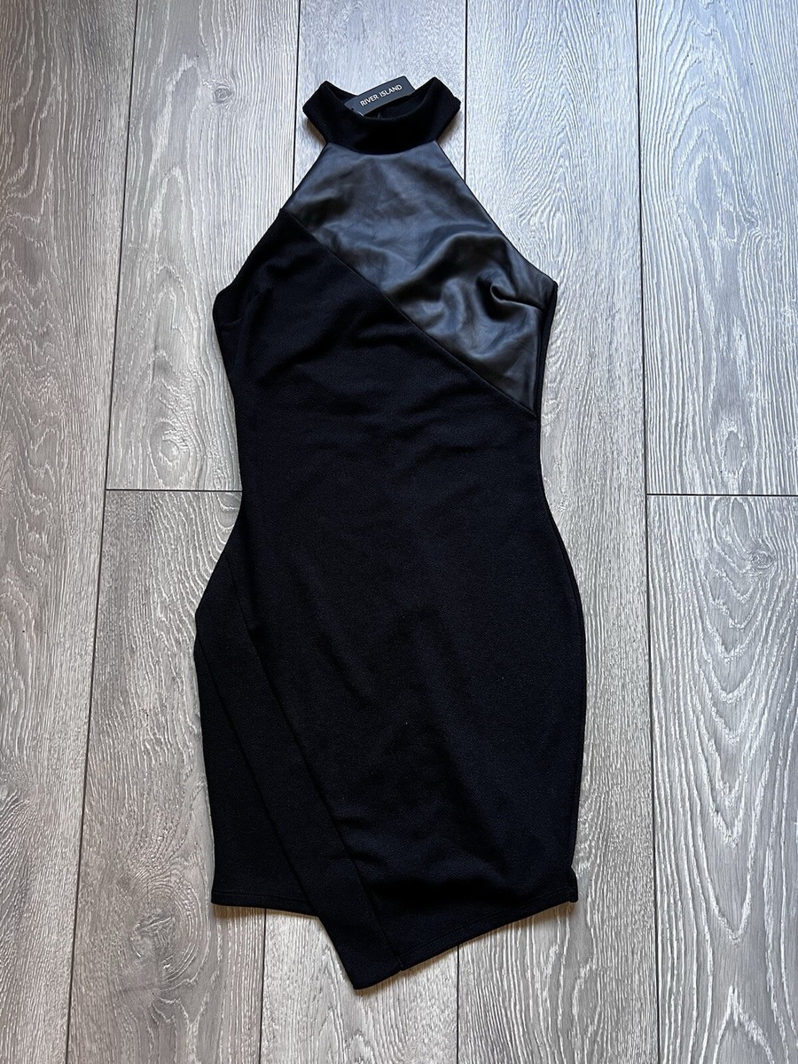 river island black leather dress River Island Faux leather belted mini dress in black