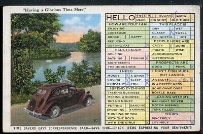 1938 ''Check the Box'' Car by Lake Glorious Time Vintage Postcard M2427