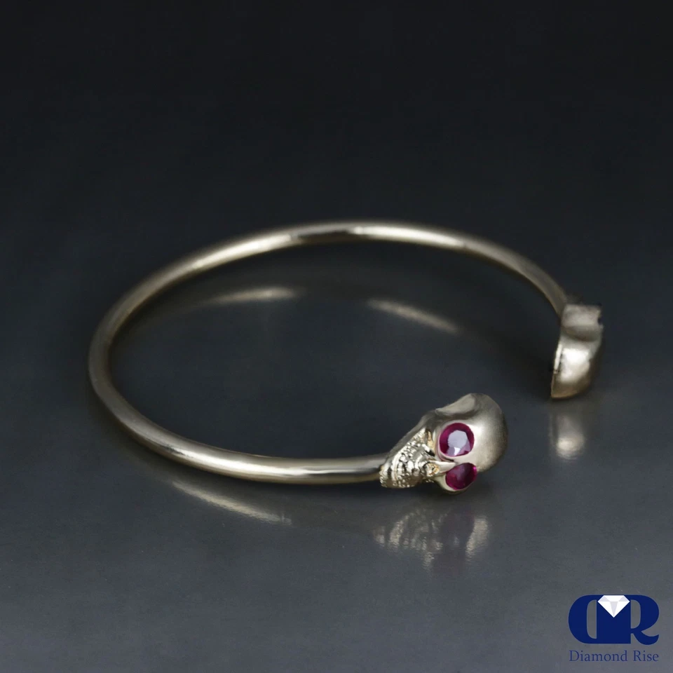 Skull Design Cuff Bangle Bracelet With Ruby & Sapphire In 10K Solid Gold - Image 3 of 4