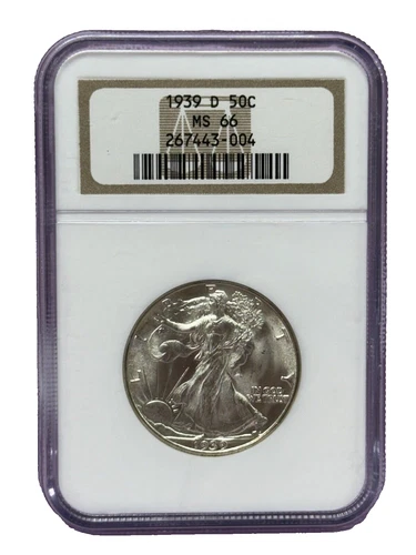 1939-D  50C  WALKING LIBERTY SILVER HALF DOLLAR MINT STATE NGC MS66 BRIGHT WHITE