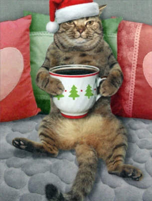 RECYCLED PAPER GREETINGS Sitting Cat Festive Mug Resting on Belly Pkg of 8 Funny Christmas Note Cards