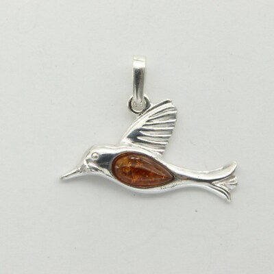 Cognac / Brown BALTIC AMBER Bird Hummingbird Pendant 925 STERLING SILVER #2604e