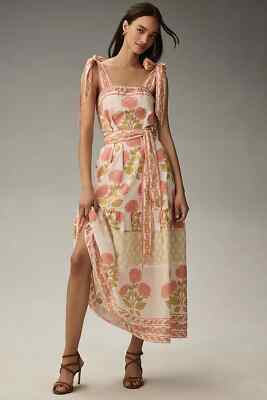 NWD Sue Sartor Tie-Shoulder Maxi Dress Size LP Petite Orange/Ivory #7E460