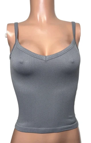 Classic Grey V-neck Ribbed Seamless Fitted Basic Cami Top Y2K Casual Style Nwts