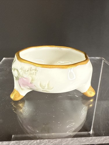 Signed Porcelain Open salt Cellar Dip Hand Painted Rose Gold Edge Single - Picture 3 of 6