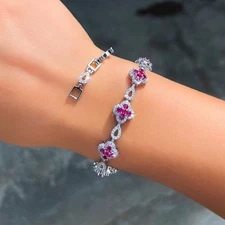 Exquisite Silver Plated Rose Red Cubic Zirconia Flower Bracelet for Women Brides