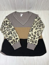 Bibi Large Waffle Knit Leopard Print Long Sleeve V-Neck Top Bohemian Tan