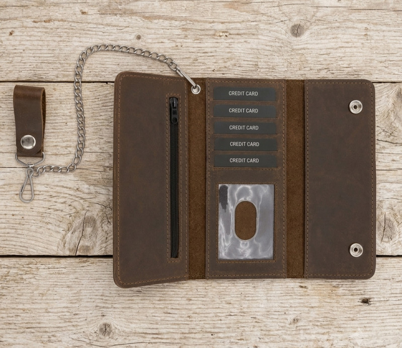 Dark Brown Genuine Cowhide Leather 7" Tri-fold Biker Trucker Wallet  With Chain