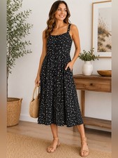 Impasia Black & White Floral Square-Neck Midi Sundress Size M Boho Cottagecore