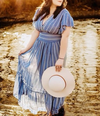 New MAX STUDIO Small Blue White Floral Tiered Maxi DRESS Cottagecore Peasant
