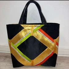 Handmade Silk Obi Tote Bag Black Gold Colorful Ribbons Japan One of a Kind