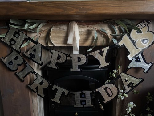 Happy 18th Birthday black & gold banner bunting and badge - Picture 2 of 9