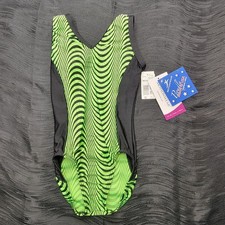 Motionwear Neon Green/ Black Wavy Pattern Tank Leotard With V-neck SZ. 6X/7