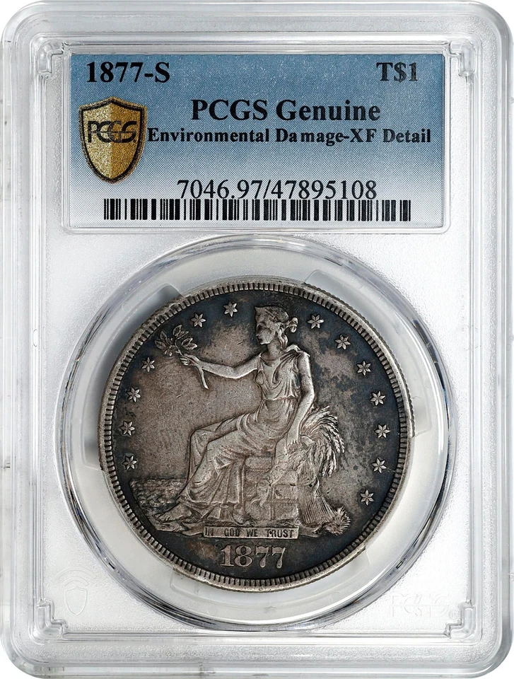 Trade Dollar 1877 S - Dettagli PCGS XF. Bella moneta d'argento USA. - Immagine 2 di 4