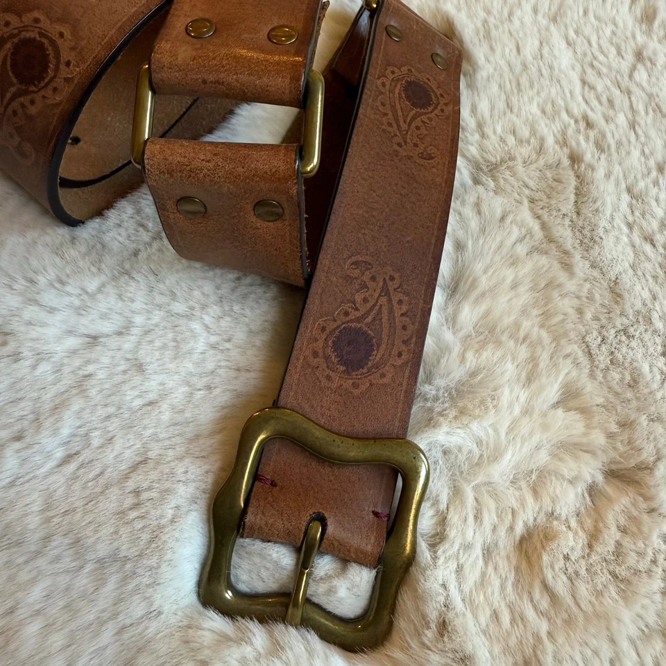Cinturón Vintage Y2K Lucky Brand Cuero Tooled Repujado Marrón Patrón Paisley Talla L Foto 3 de 4