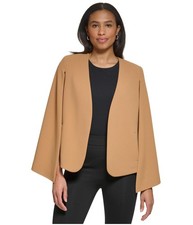 DKNY Womens Collarless Open Front Cape Blazer Jacket, Beige, Small