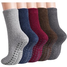 5 Pairs Men Fuzzy Socks With Grips Cozy Fluffy Slipper Non Slip Thick Winter