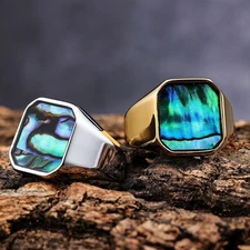 Natural Square Colorful Sea Shell Ring Stainless Steel Fashion Wedding Band Ring