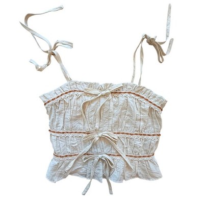 Romantic Fairy Cream Lace Trim Tie Strap Smock Crop Top XS Bows Cottagecore Boho