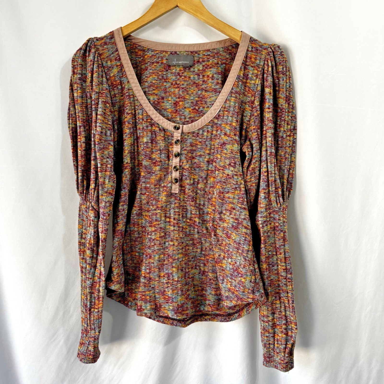 Anthropologie Puff Sleeves Knit Henley Sweater top Medium Boho Peasant Multicolo