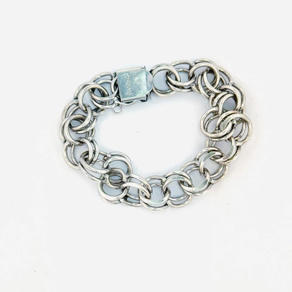 "Brazalete de cadena de doble eslabón Estate de plata de ley 925 6"" vintage pesado 33,6 g" Foto 2 de 4