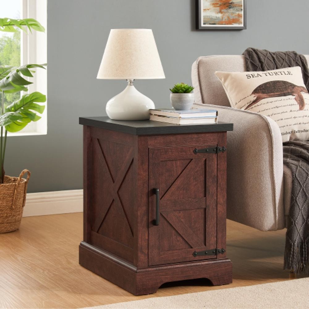 End Table with Barn Door and Adjustable Storage Shelf,  for Living Room, Bedroom