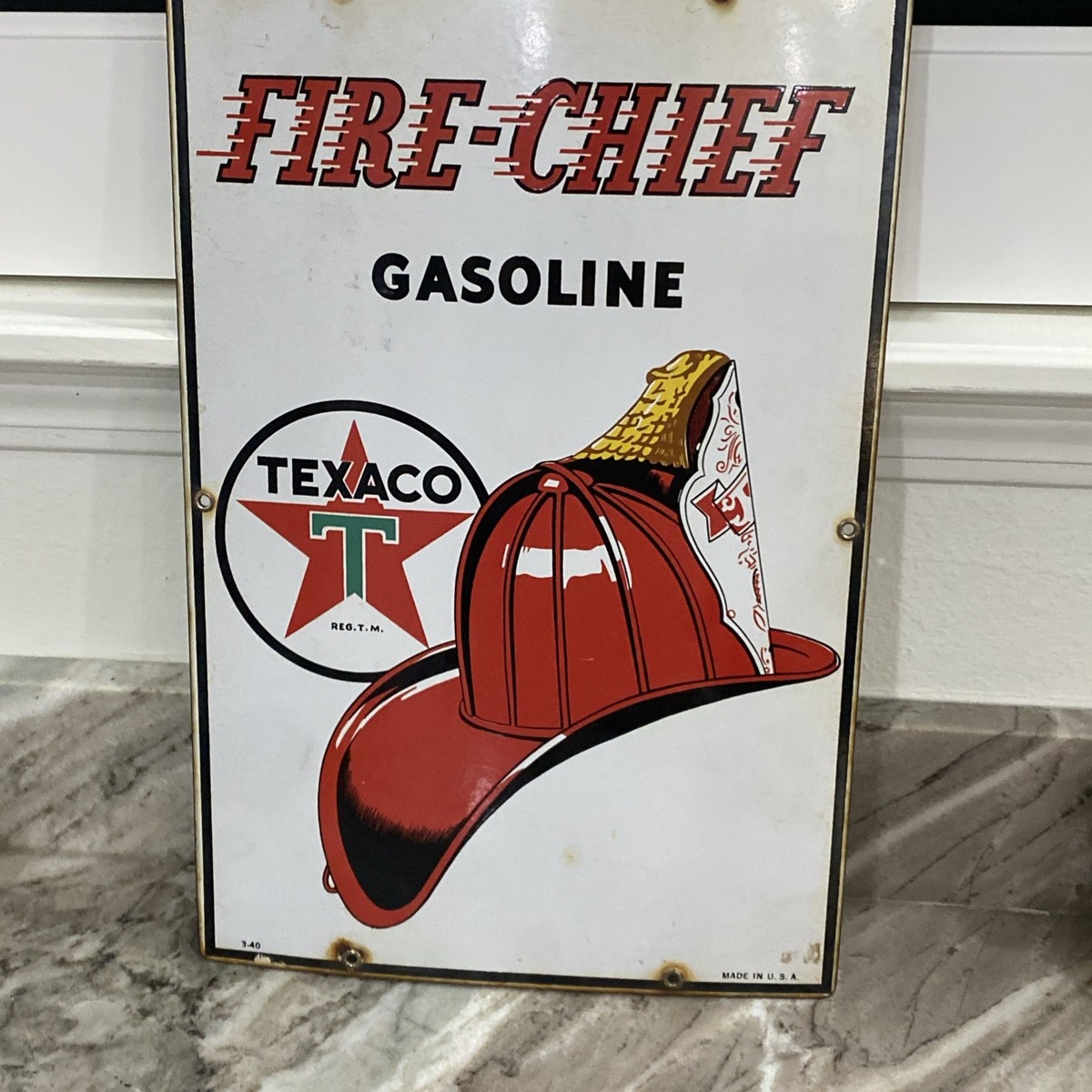 Early Original Vintage 1940 Texaco Fire Chief Porcelain Pump Plate
