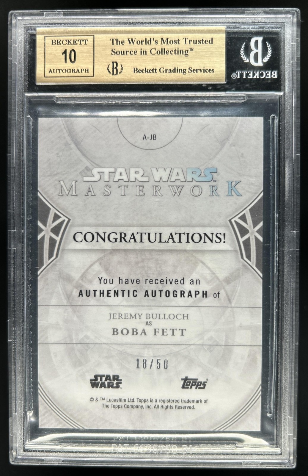 2019 Star Wars Masterwork Jeremy Bulloch Boba Fett Auto Rainbow Foil #/50 BGS 10 view 2