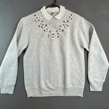 Vintage PFI Fashions  Sz M Sweatshirt Gray Floral Collar GrandmaCore Made in USA