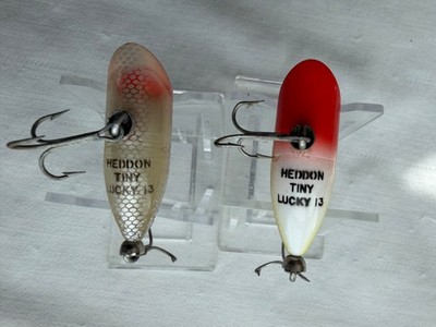 2 Vintage Heddon Tiny Lucky 13 Lures - Silver Flitter & Brown