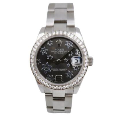 Ladies Rolex 31mm DateJust Steel Wristwatch with Floral Dial & Diamond Bezel.