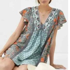 ANTHROPOLOGIE Astrid Tunic V Neck Floral Printed Lace Flutter Sleeve Dress S NEW