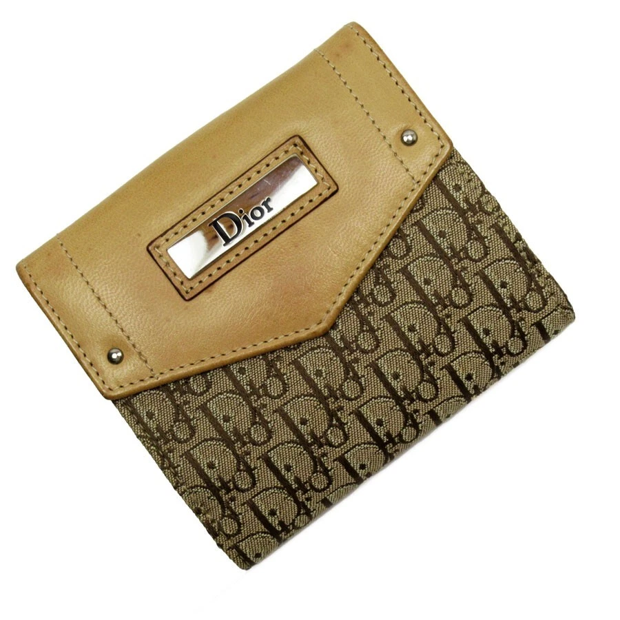 Portefeuille compact bi pliable cuir toile Christian Dior beige 990