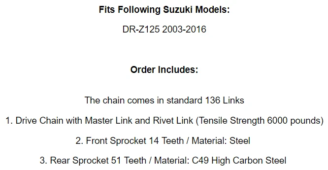Kit de cadena de transmisión y piñones para Suzuki DR-Z125 DRZ125 2003-2016 Foto 2 de 2