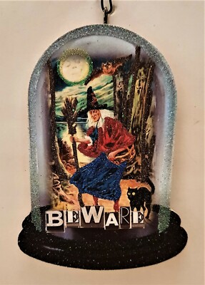 WITCH in HAUNTED WOODS, BEWARE, CAT, OWL  * Glitter HALLOWEEN ORNAMENT * Vtg Img