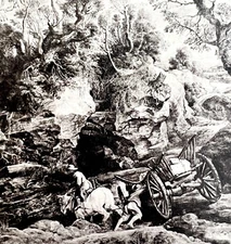 Rubens Broken Down Cart Landscape Print 1939 Gray Tone Plate Antique Art DWX2A